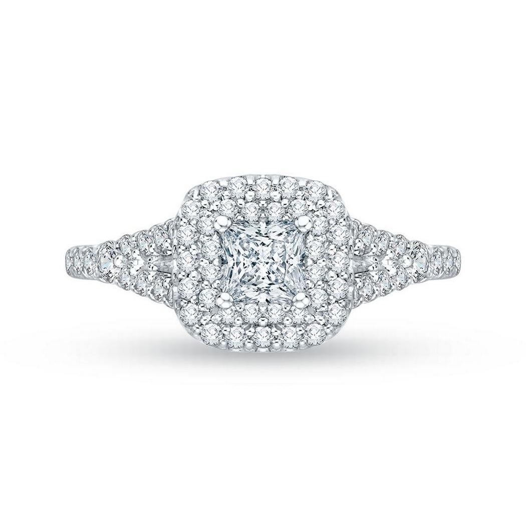 14K White Gold Princess Diamond Double Halo Engagement Ring with Split